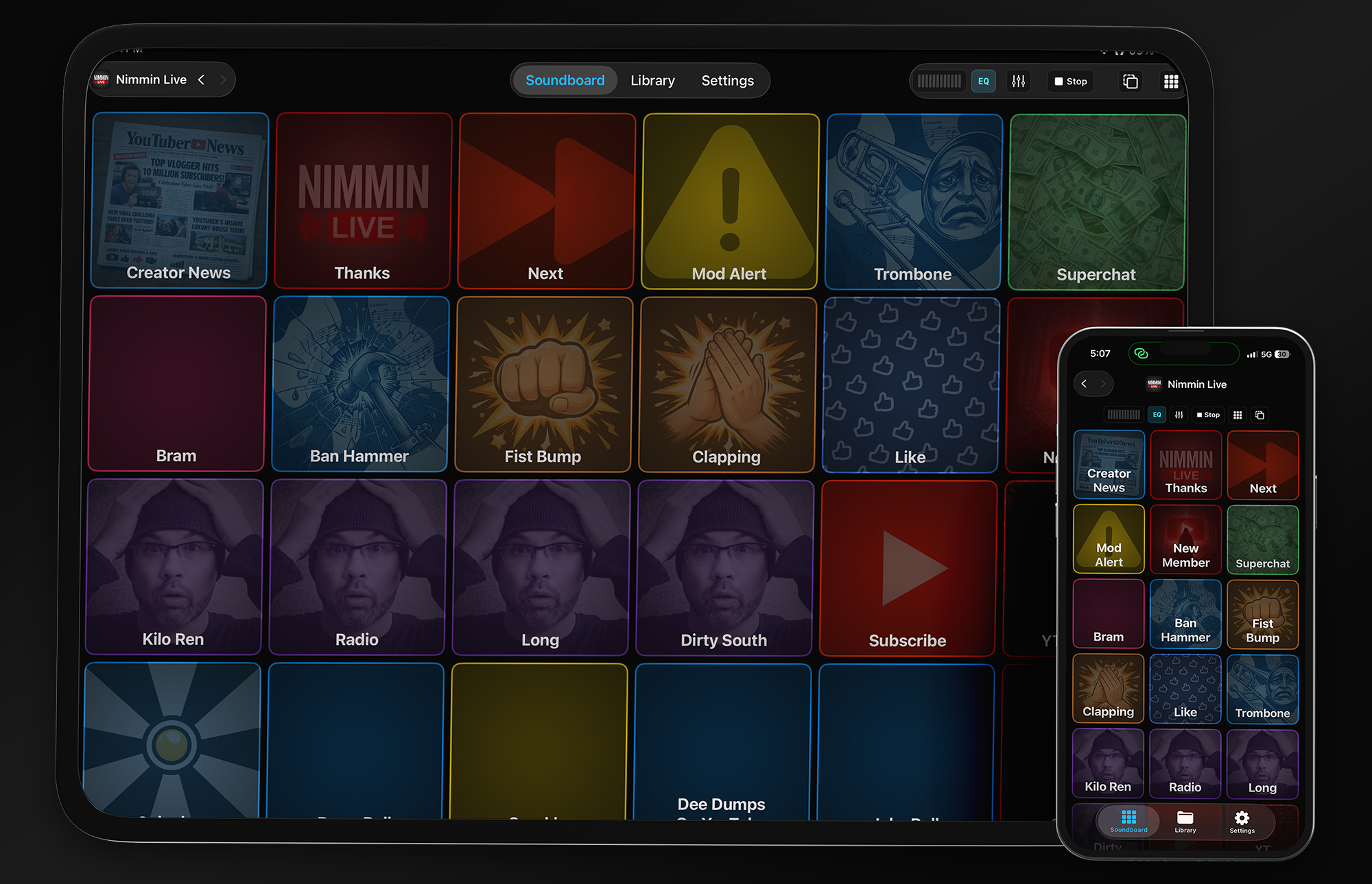 AudioPads soundboard running on iPad and iPhone